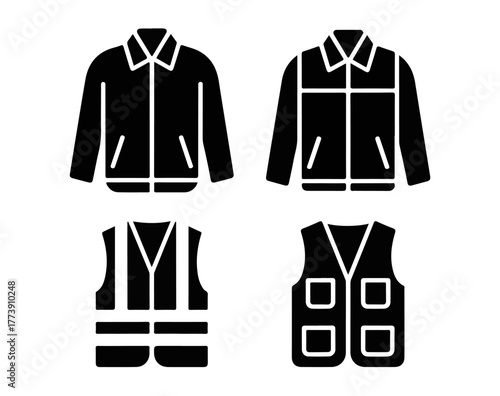 Collection of safety jackets and vests, featuring hi-vis workwear and utility garments, perfect for construction and industrial environments