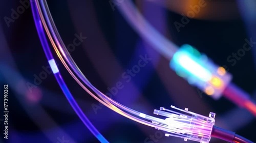 Abstract close up of fiber optic cables with glowing light