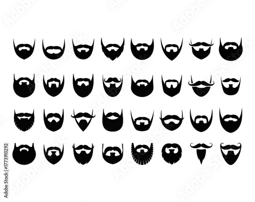 A diverse collection of black silhouette icons featuring various styles of beards and mustaches for barbershop and hipster designs