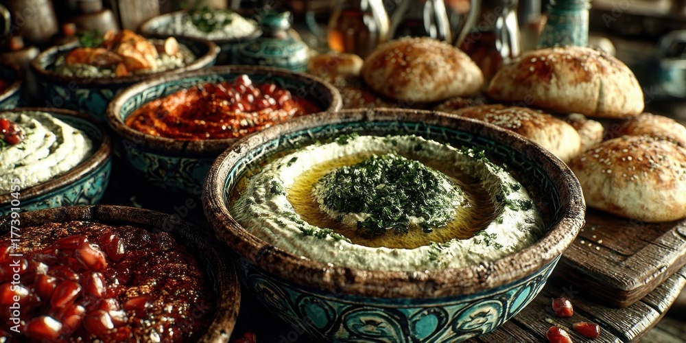 Fototapeta premium Mediterranean Dips Platter Featuring Tzatziki, Baba Ganoush, and Muhammara