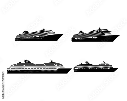 Set of four monochrome vector illustrations of cruise ships with various perspectives and configurations, showcasing nautical vessel designs for travel and leisure
