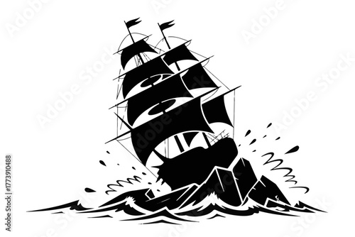 Sailing Ship Navigating Stormy Waters A Black Silhouette Depicting Maritime Adventure and Nautical Exploration at Sea