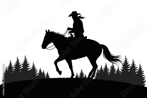 Dynamic silhouette of a lone cowboy or cowgirl on horseback, confidently riding across a western landscape with a backdrop of rugged pine trees, embodying freedom and adventure