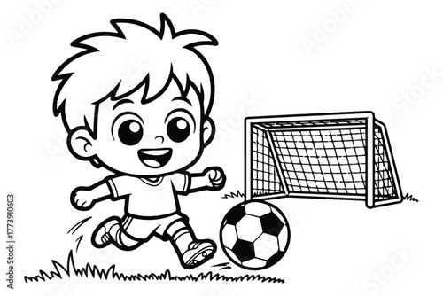 Cute cartoon boy playing soccer with a ball and goal in a grassy field, celebrating the sport