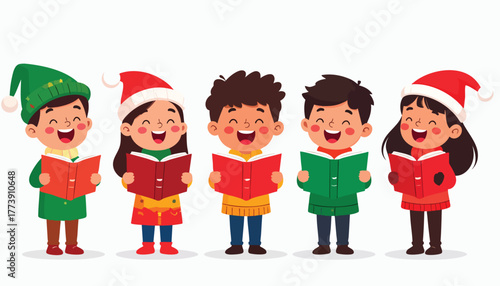 Five children singing Christmas carols, joyfully holding songbooks, dressed festively.