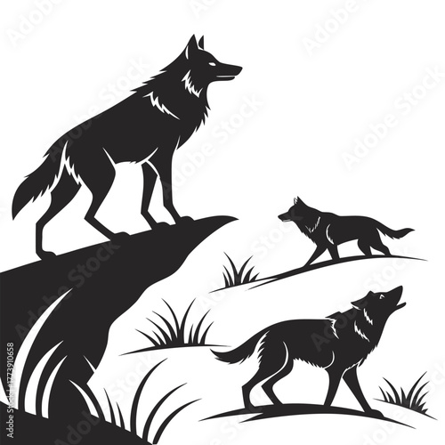 Silhouette of wolves howling on a cliff