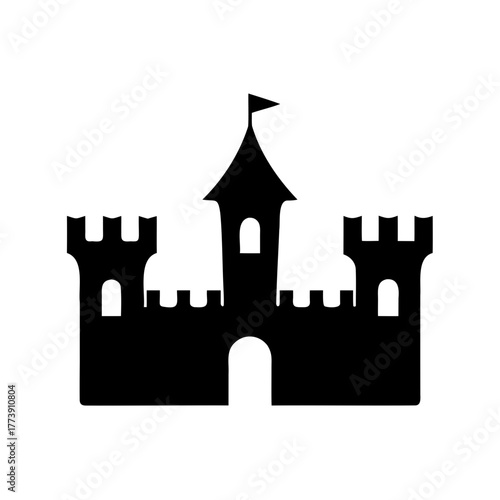 Simple black silhouette of a medieval castle with central tower and flag