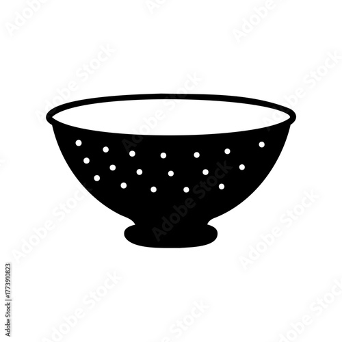 A simplistic black and white illustration of a colander with drainage holes