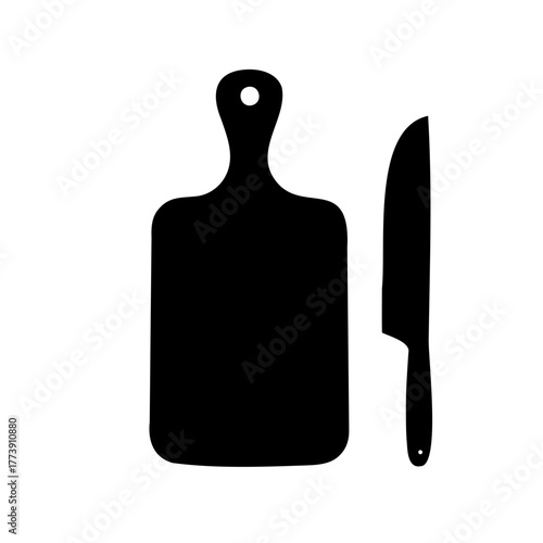Black and White Kitchen Utensils featuring a Cutting Board and Knife