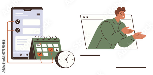 Smartphone checklist, calendar, clock, and virtual meeting with a person in the browser. Ideal for productivity, remote work, scheduling, planning time management online meetings teamwork. Simple