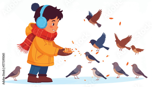 A young boy wearing winter clothes feeds birds in a snowy landscape, with birds flying around him and on the ground.