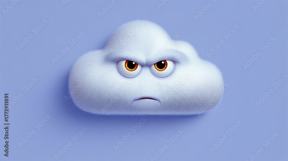 Obraz premium Cartoon illustration of an angry cloud character with expressive eyes, featuring a fluffy texture and a frowning mouth, set against a soft blue background, conveying a humorous and whimsical atmospher
