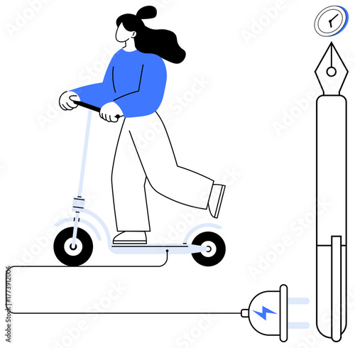 Woman on electric scooter connected to a charging cable, along with a fountain pen and clock in a clean, flat style. Ideal for sustainability, mobility, innovation, creativity, time management