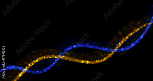 Abstract glowing light waves in blue and gold on a dark background. Dynamic energy lines with sparkling particles, perfect for modern backgrounds, motion graphics, video intros, music visuals