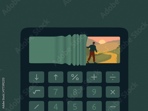 Man looking at path ahead on calculator screen