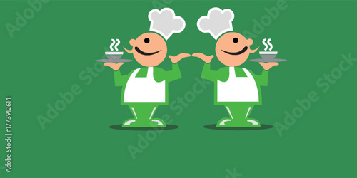 Chef man in chef hat and apron with whisk. Vector illustration.