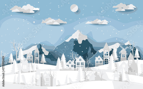 Winter village landscape vector, snowy mountain scene, moonlit sky, peaceful houses and trees, seasonal holiday illustration, editable scenic design
