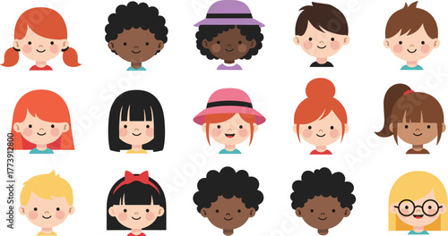 Diverse cartoon children faces, multicultural kids, smiling expressions, playful design, individuality, cute avatars, colorful grid, happy childhood, character icons