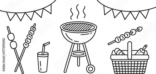 Barbecue Grill and Picnic Illustration in Black and White Outline | Summer BBQ Party Vector Graphic for Food and Celebration Designs