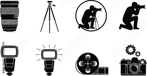 Photography icon set, camera lens vector, tripod illustration, photographer silhouette design, film reel artwork, flash symbol graphic, cad drawing flat vector illustration