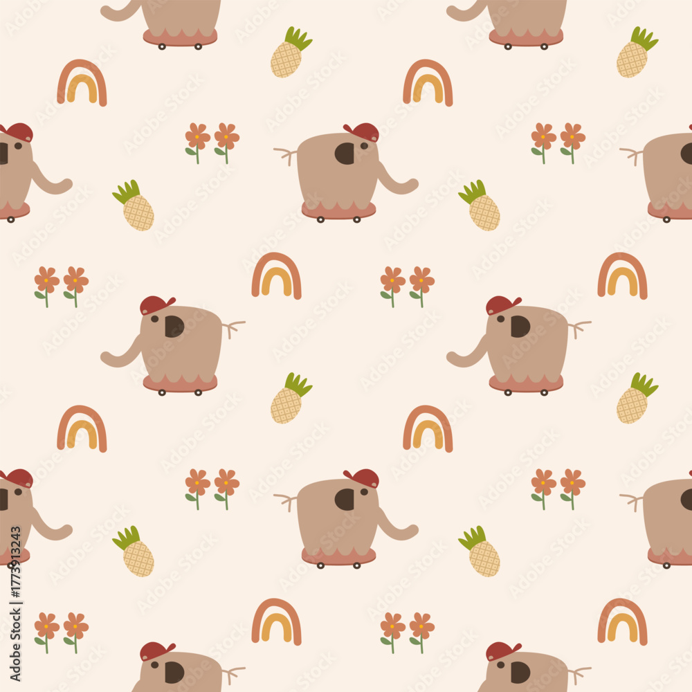 Fototapeta premium Elephant and hat play skateboard cartoon so cute. On rainbow flower pineapple background. Pattern seamless vector illustration. 