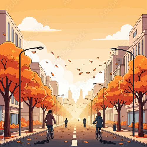 Autumn Serenity A Vibrant Urban Landscape with Falling Leaves and Cyclists Enjoying a Sunny Day, Embracing the Beauty of the City