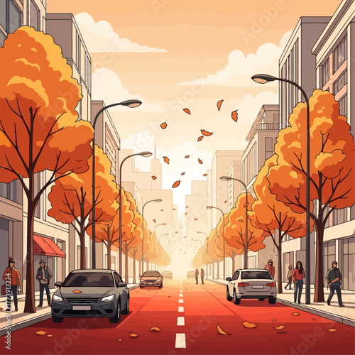 Autumn Cityscape Vibrant Fall Foliage & Urban Avenue Scene with People & Cars Amidst Seasonal Colors