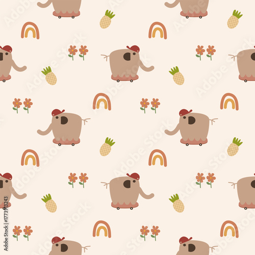 Elephant and hat play skateboard cartoon so cute. On rainbow flower pineapple background. Pattern seamless vector illustration. 