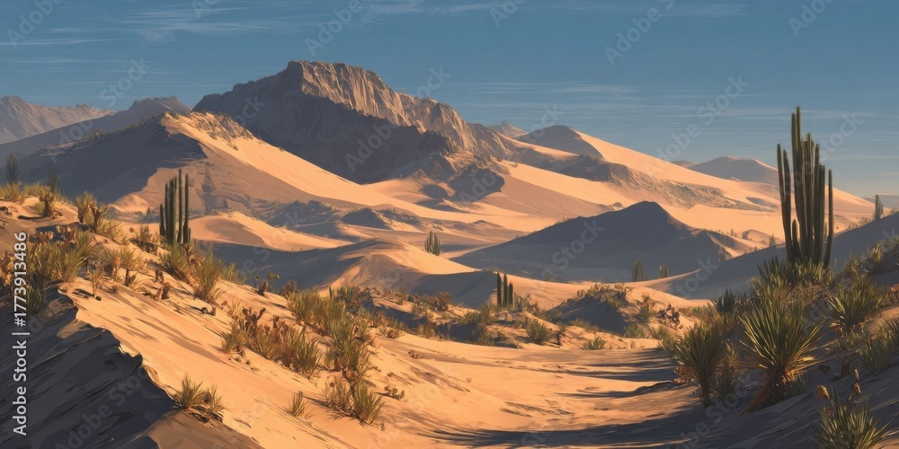 Fototapeta premium Bold Desert Landscape Painting with Sand Dunes and Cacti Under Sun