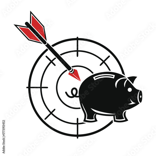 Targeted financial success with an arrow striking a piggy bank on a bullseye, symbolizing effective savings, investment achievement, and monetary goal attainment