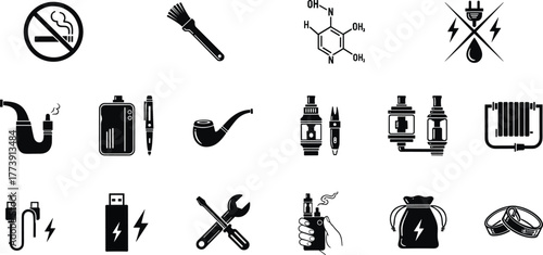 Smoking and vaping icon set, electronic cigarette vector, no smoking symbol illustration, vape device graphic, black and white artwork, cad drawing flat vector illustration