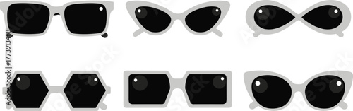 Sunglasses silhouette collection, modern eyewear vector, stylish fashion accessory design, black and white illustration, trendy glasses icon set, cad drawing flat vector illustration