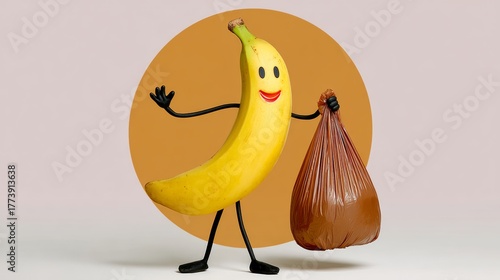 Cheerful banana character with arms and legs, holding a brown bag, standing against a circular orange background, showcasing a playful and whimsical concept of fruit personification