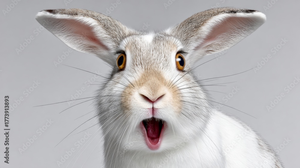 Obraz premium Surprised rabbit with wide-open mouth and expressive eyes, showcasing a mix of white and gray fur, against a soft gray background, capturing a moment of curiosity and wonder in animal photography