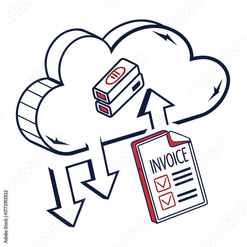 Isometric fintech concept for managing digital invoices through secure cloud computing, illustrating data exchange and server synchronization