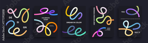 Set of vibrant, colorful abstract posters features flowing ribbon like shapes paired with bold, motivational and celebratory text. Vector illustration