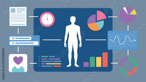 Health data dashboard vector showing temperature pulse glucose levels and vital signs with human figure reference ideal for medical presentation apps and healthcare analytics
