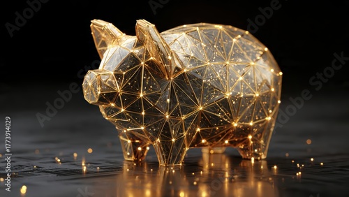 A sparkling, geometric piggy bank made of interconnected lines and lights, symbolizing savings and financial growth.
