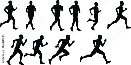 Runner silhouette vector sequence, jogging to sprinting poses, athletic stride illustration, human motion design, fitness training concept, sports biomechanics, healthy lifestyle graphics
