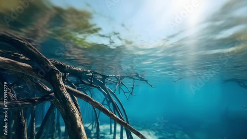 Underwater scene with sunlit turquoise water and tangled submerged tree roots.