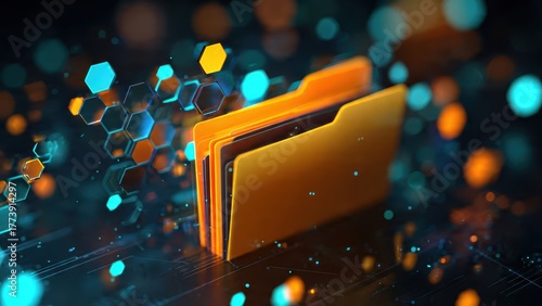 A vibrant digital illustration featuring yellow folders against a dark background with hexagonal patterns and glowing accents.