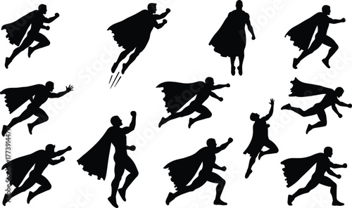 Superhero silhouette vector set, flying and running hero poses, dynamic action stances, cape movement illustration, comic style character design, powerful heroic collection