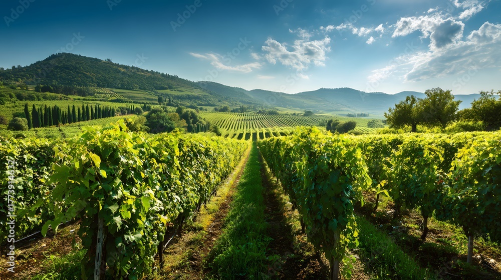 Naklejka premium Lush rows of cultivated grapevines stretch toward distant rolling hills under a bright summer sky