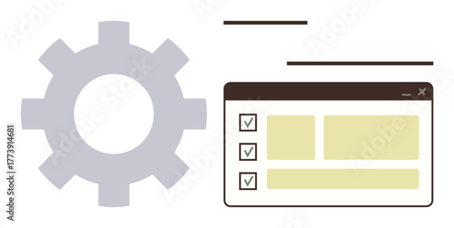 Gear beside a browser window with checkbox list suggests system settings, productivity, and teamwork. Ideal for workflow processes, task organization, automation, management, efficiency, simplicity