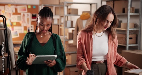 Ecommerce boxes, fashion designer or scroll with tablet for scan online order, barcode or customer info. People, teamwork and tech in retail store for shipping package, logistics and small business.