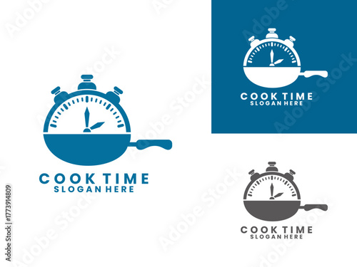 Cooking time logo, Clock combination with pan logo design vector template