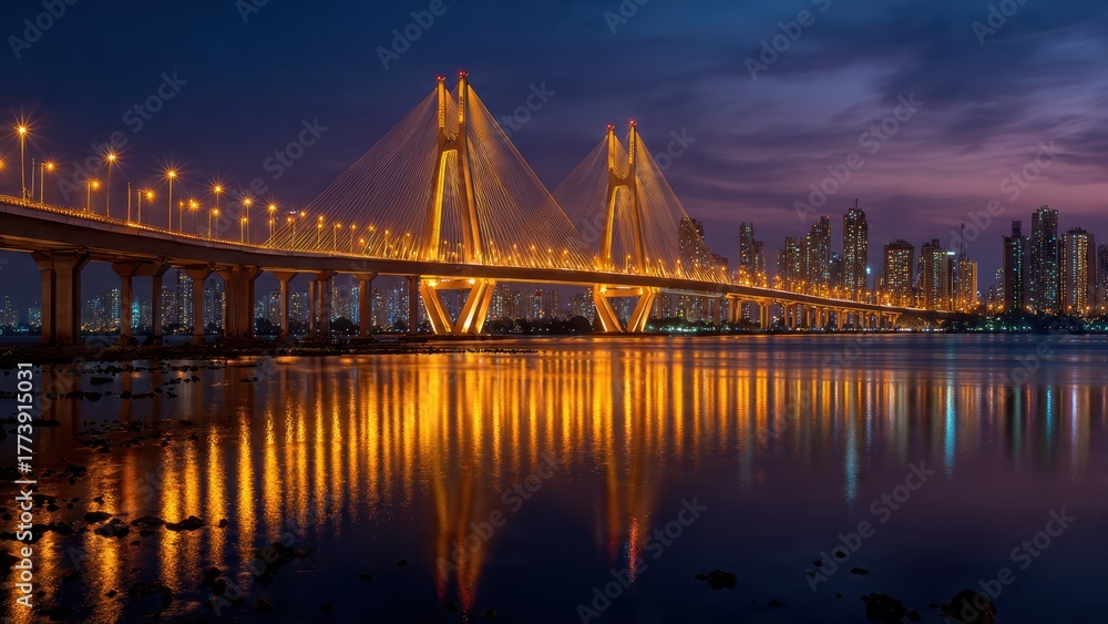 Obraz premium A stunning view of a illuminated bridge at dusk, reflecting on water with city lights in the background, creating a vibrant urban landscape.