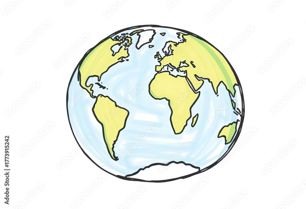 Obraz premium Whimsical hand-drawn sketch of Earth's continents forming a simple globe, illustrating global connection and simplistic cartography, science, globe