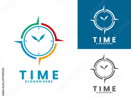 Time compass logo company. Adventure time logo design. Clock combination with compass logo design vector template
