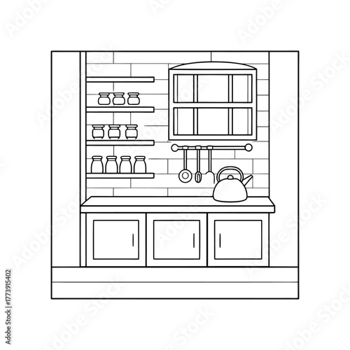 Detailed line art drawing of a cozy kitchen interior design